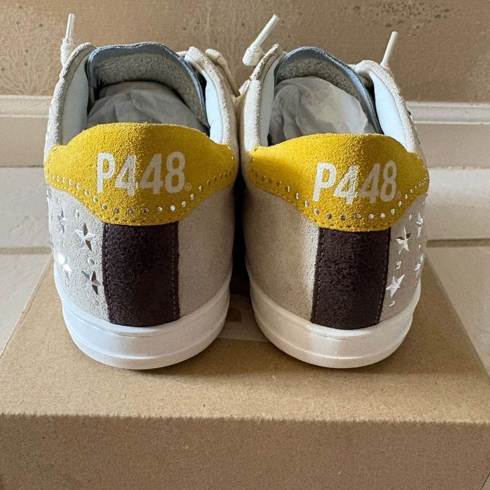 P448 Beige Suede Low-Top Sneakers with Yellow Heel - Picture 3 of 8
